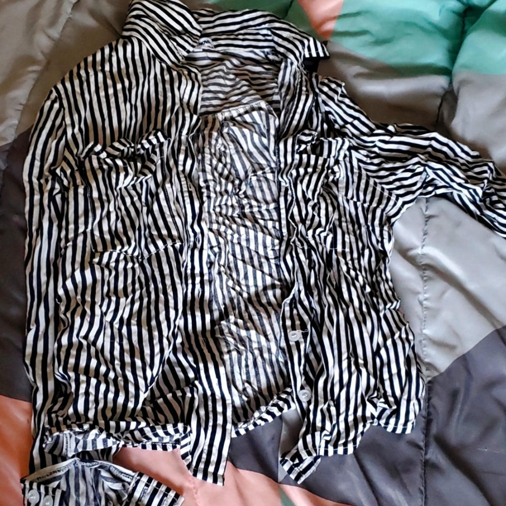 White and blue striped button down